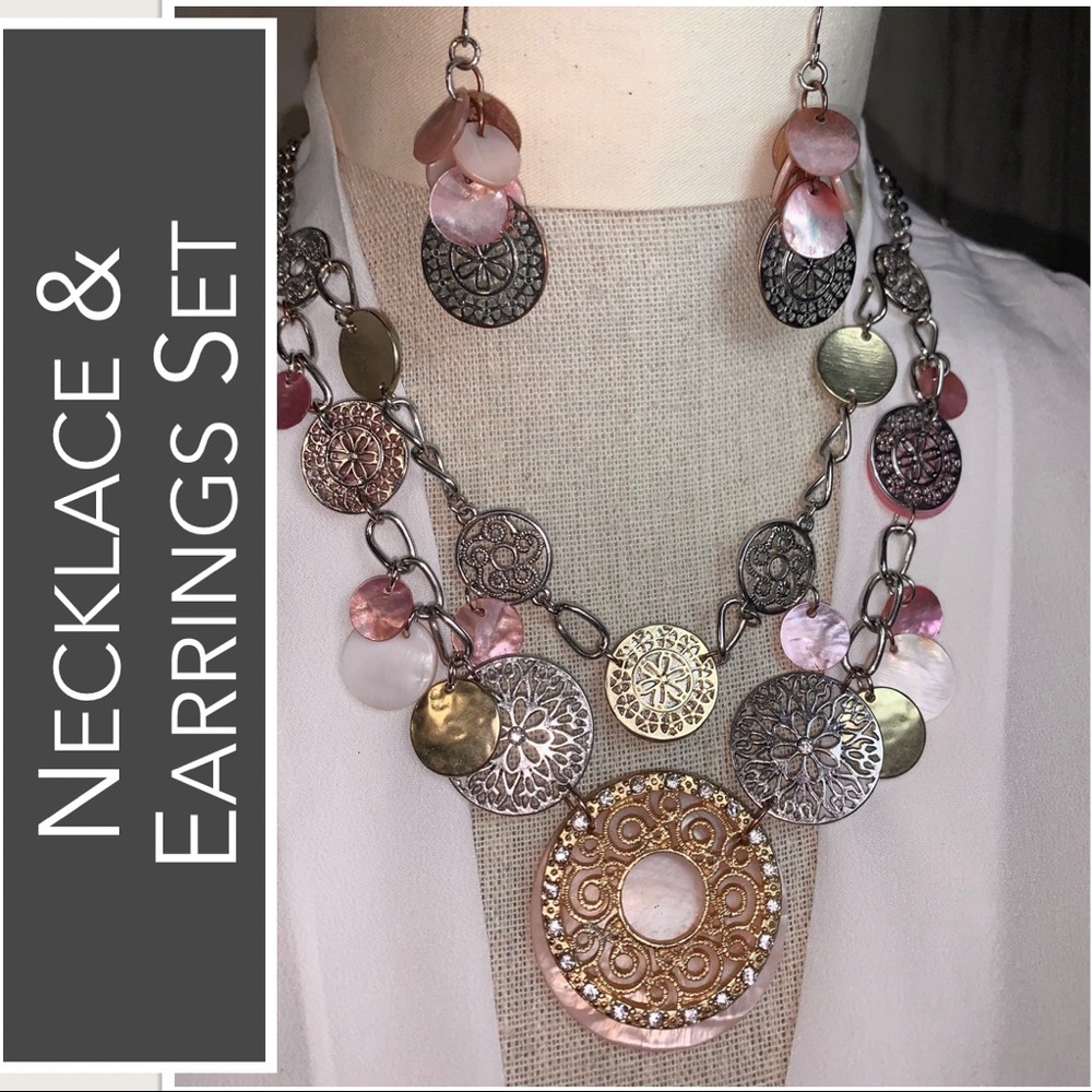 Necklace &‎ Earrings 2-Piece Jewelry Set in Pinks, Coppers, Silver